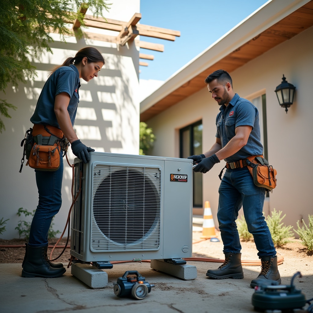 Modern aerothermal heat pump system installation with outdoor unit and technical components in residential setting