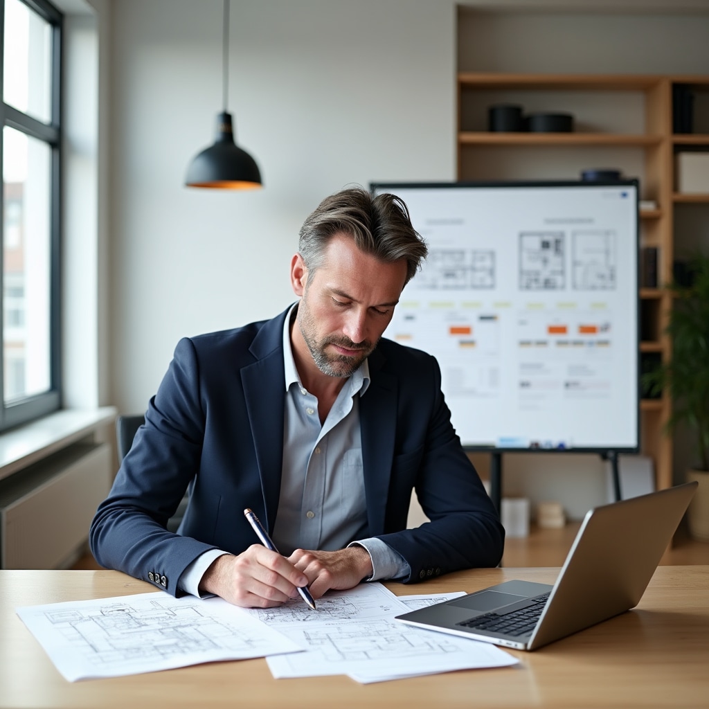 Professional reviewing architectural plans and technical documentation for energy efficiency renovation project