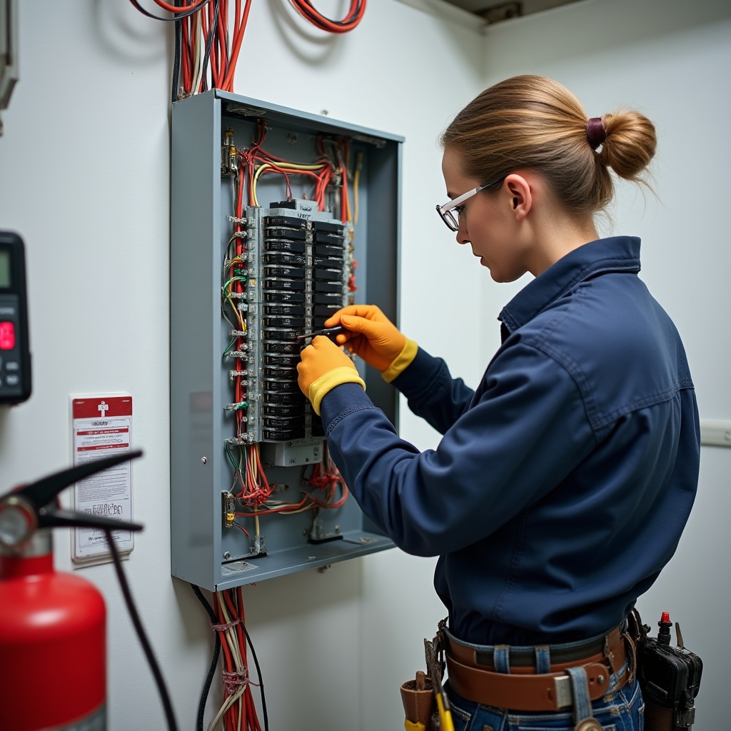 Licensed electrician upgrading residential electrical distribution panel with modern circuit breakers and safety components