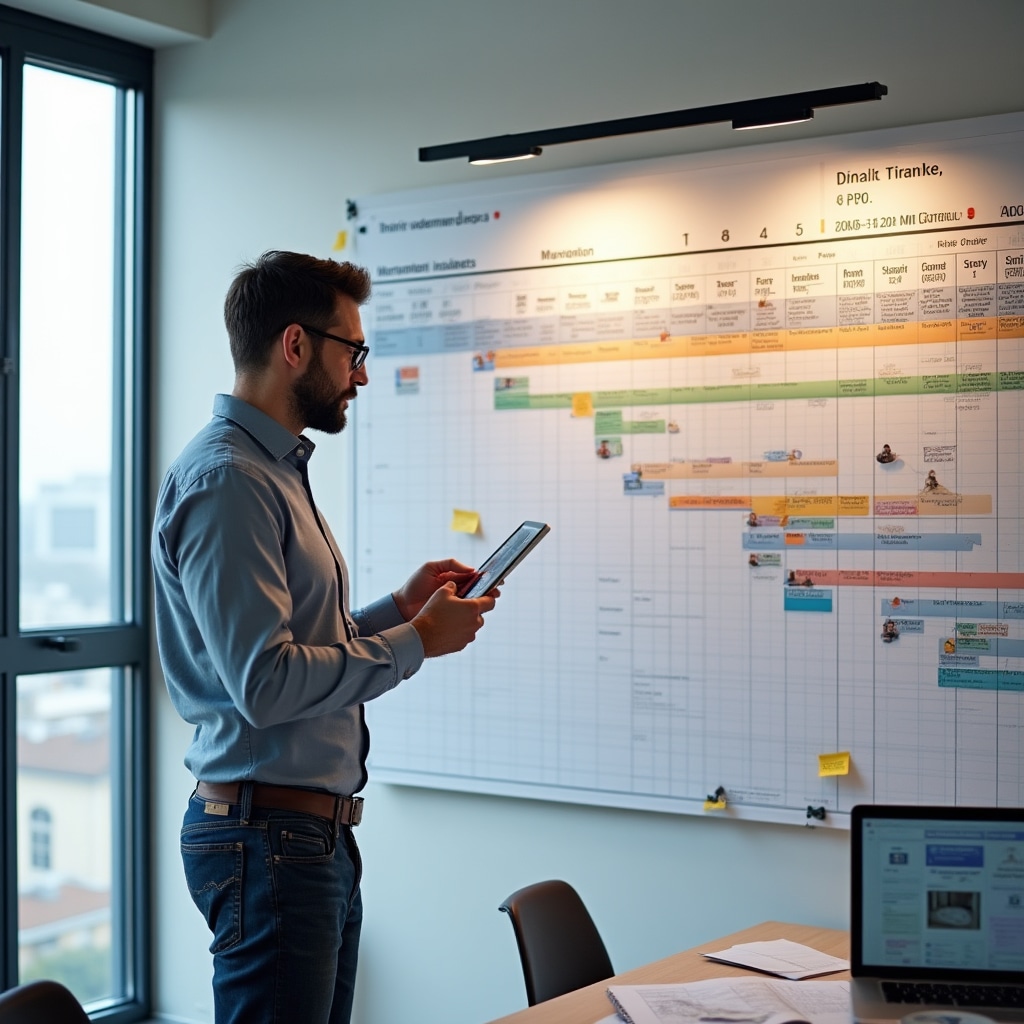 Project manager reviewing detailed renovation timeline chart with multiple trade coordination schedules and milestone markers