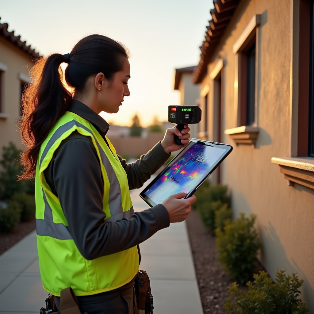 Professional conducting thermal imaging assessment of residential property exterior for energy efficiency evaluation