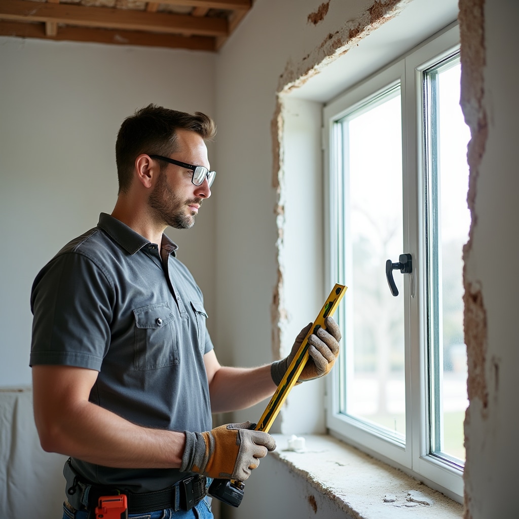 Professional measuring and installing energy-efficient double-glazed window in residential property opening